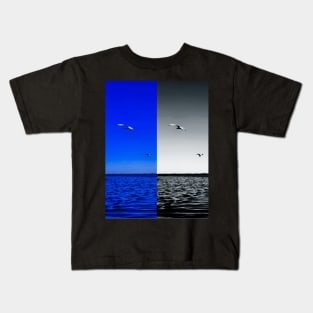 Seagull black and white and blue composition Kids T-Shirt